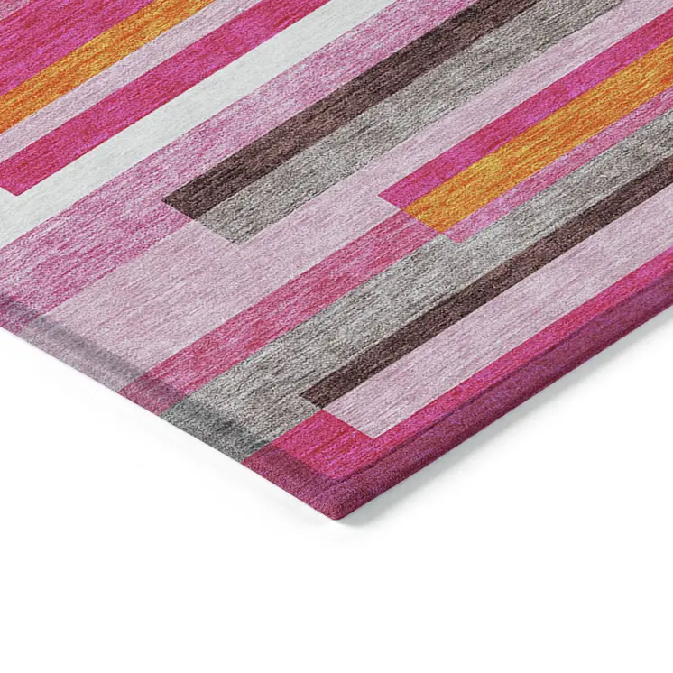 5' X 8' Blush Plum And Ivory Striped Washable Indoor Outdoor Area Rug