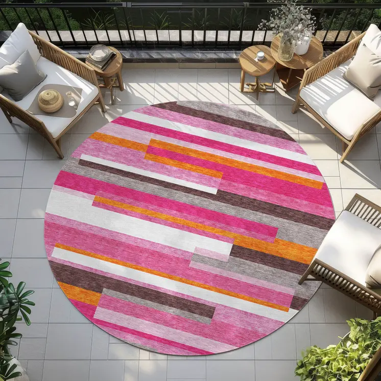 8' Blush Plum And Ivory Round Striped Washable Indoor Outdoor Area Rug