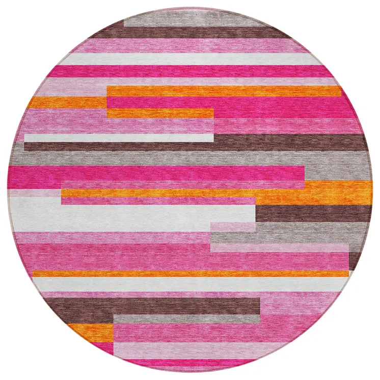 8' Blush Plum And Ivory Round Striped Washable Indoor Outdoor Area Rug