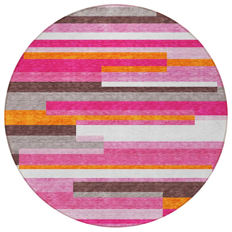 8' Blush Plum And Ivory Round Striped Washable Indoor Outdoor Area Rug