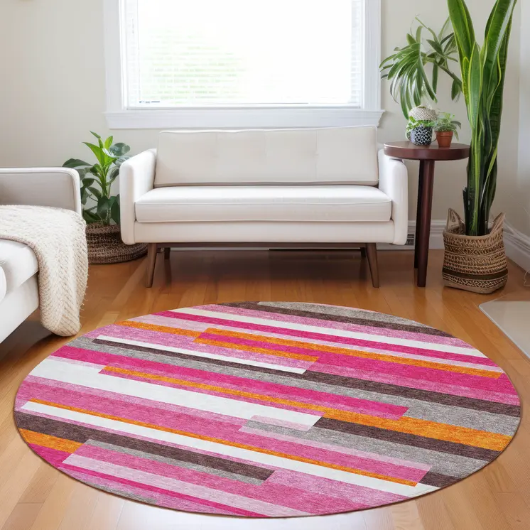8' Blush Plum And Ivory Round Striped Washable Indoor Outdoor Area Rug