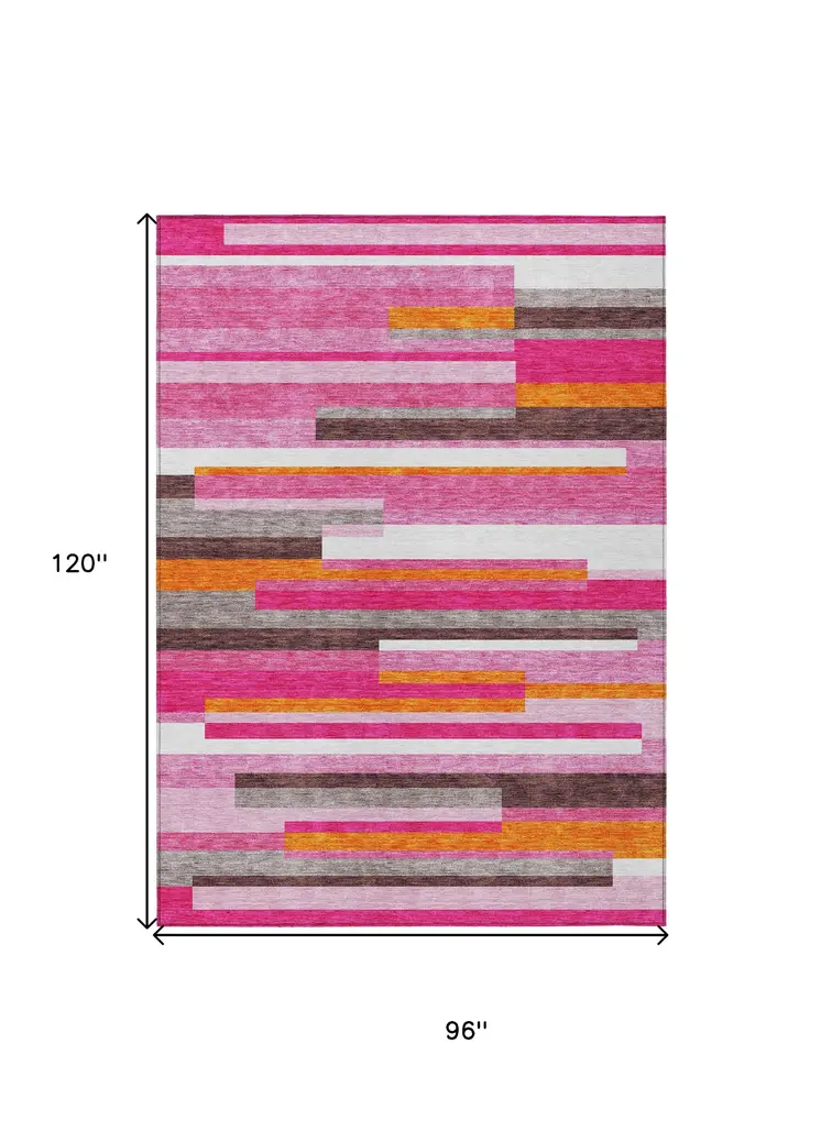 8' X 10' Blush Plum And Ivory Striped Washable Indoor Outdoor Area Rug
