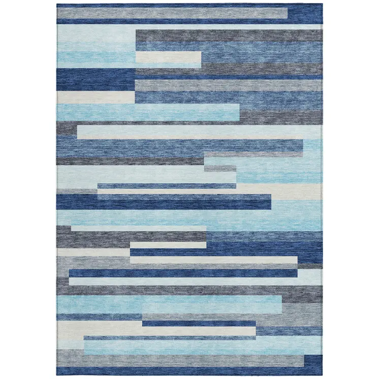 5' X 8' Blue Gray And Ivory Striped Washable Indoor Outdoor Area Rug