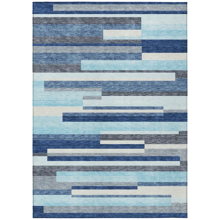 5' X 8' Blue Gray And Ivory Striped Washable Indoor Outdoor Area Rug
