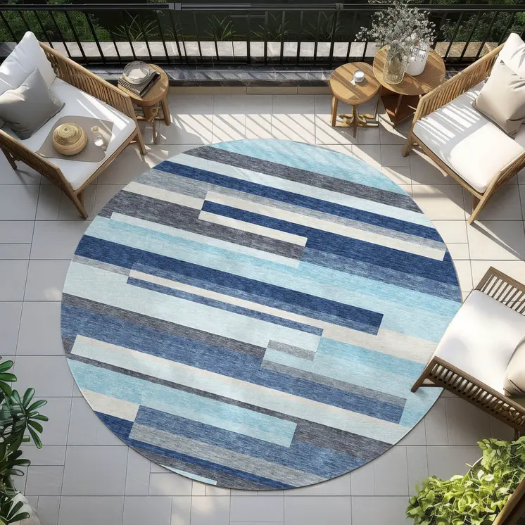 8' Blue Gray And Ivory Round Striped Washable Indoor Outdoor Area Rug