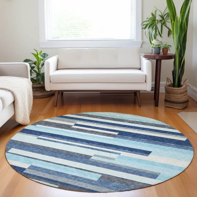 8' Blue Gray And Ivory Round Striped Washable Indoor Outdoor Area Rug