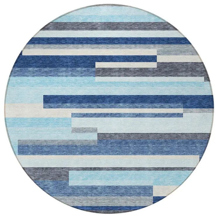 8' Blue Gray And Ivory Round Striped Washable Indoor Outdoor Area Rug