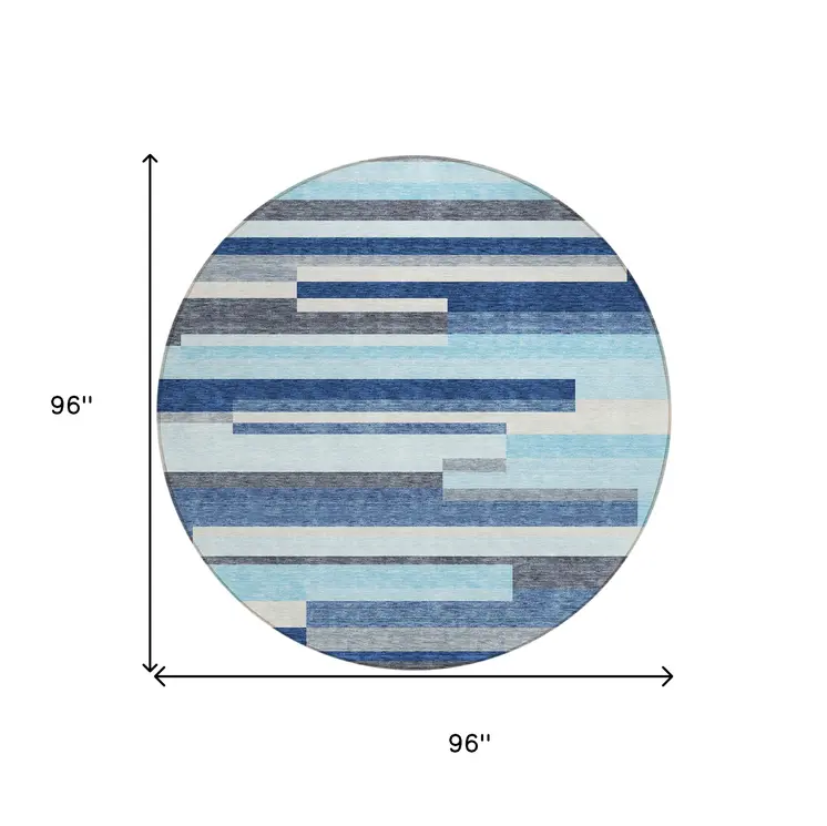 8' Blue Gray And Ivory Round Striped Washable Indoor Outdoor Area Rug