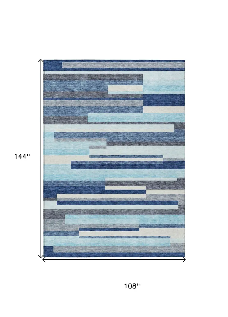 9' X 12' Blue Gray And Ivory Striped Washable Indoor Outdoor Area Rug