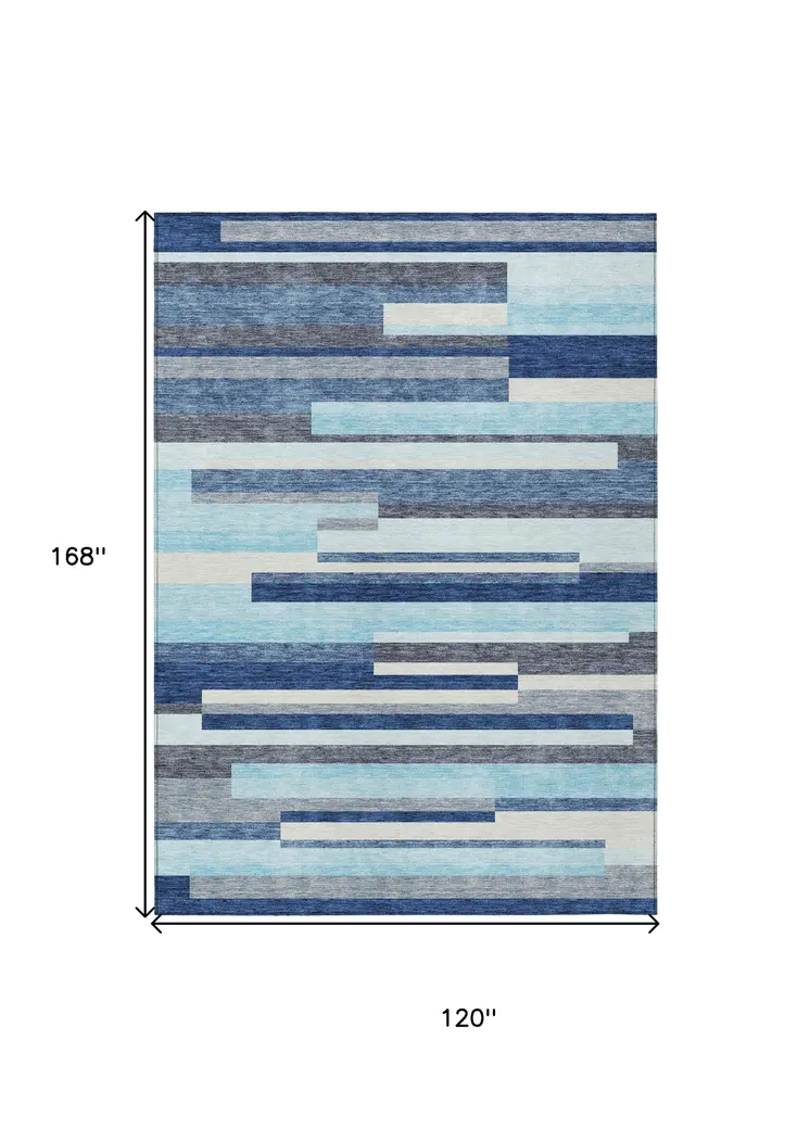 10' X 14' Blue Gray And Ivory Striped Washable Indoor Outdoor Area Rug