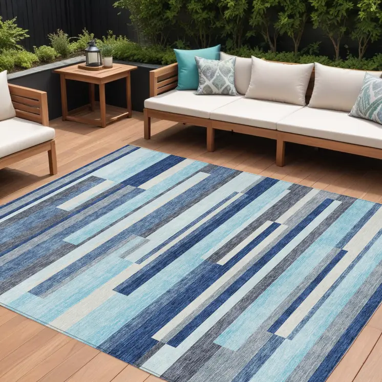 10' X 14' Blue Gray And Ivory Striped Washable Indoor Outdoor Area Rug