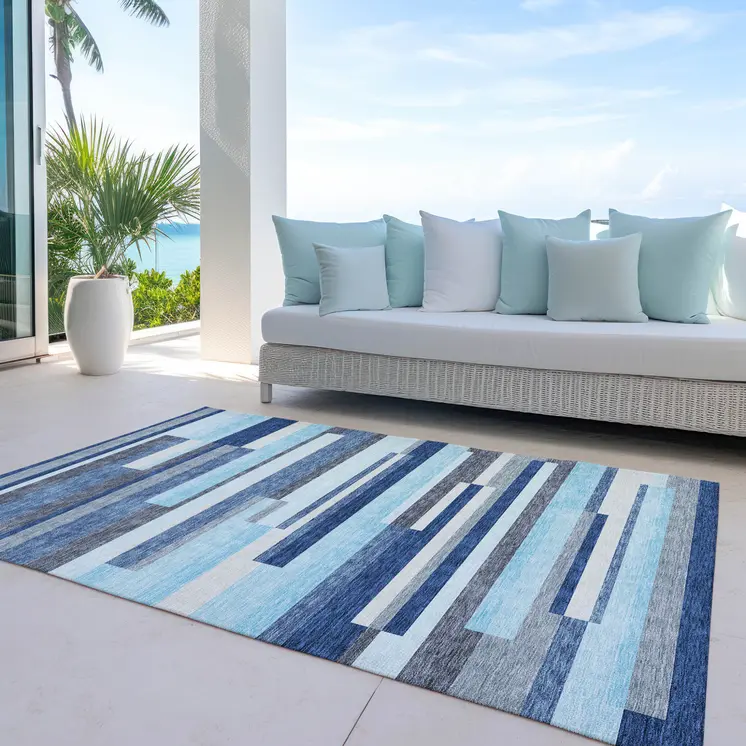 10' X 14' Blue Gray And Ivory Striped Washable Indoor Outdoor Area Rug