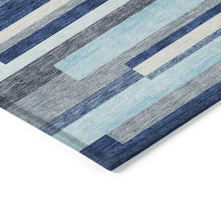 10' X 14' Blue Gray And Ivory Striped Washable Indoor Outdoor Area Rug