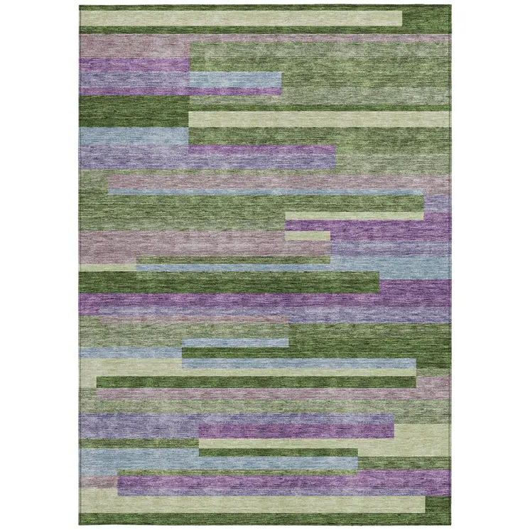 3' X 5' Moss Green Olive Green And Purple Striped Washable Indoor Outdoor Area Rug
