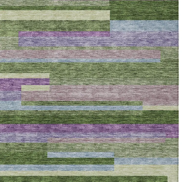 5' X 8' Moss Green Olive Green And Purple Striped Washable Indoor Outdoor Area Rug