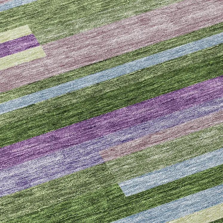 5' X 8' Moss Green Olive Green And Purple Striped Washable Indoor Outdoor Area Rug