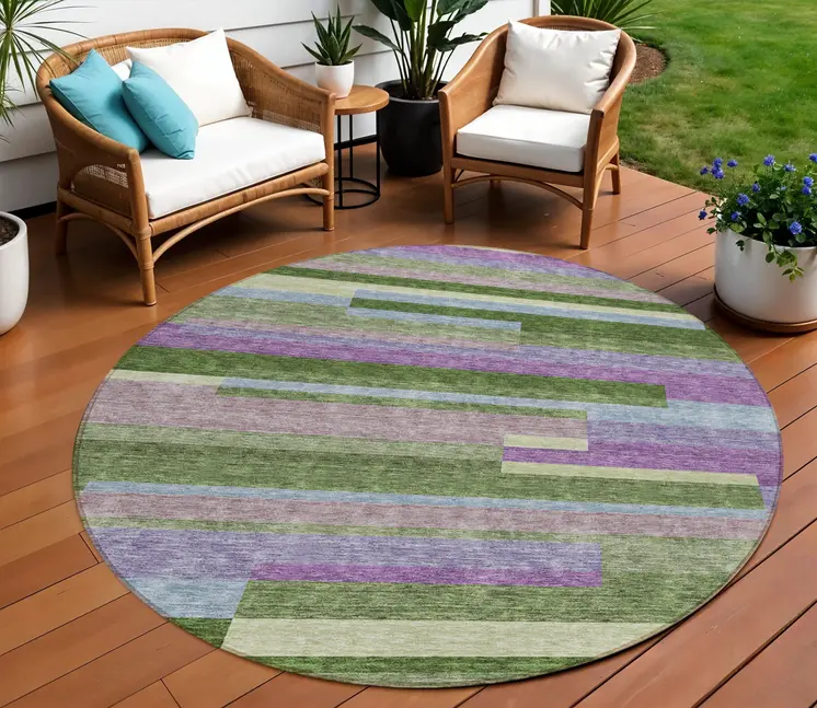8' Moss Green Olive Green And Purple Round Striped Washable Indoor Outdoor Area Rug