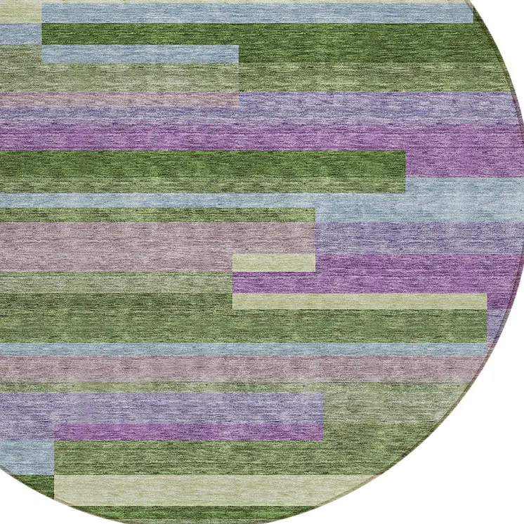 8' Moss Green Olive Green And Purple Round Striped Washable Indoor Outdoor Area Rug