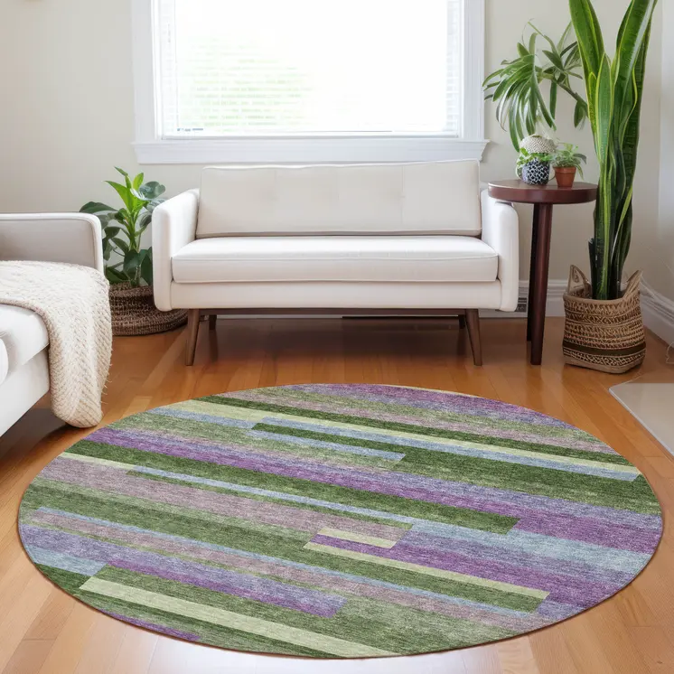 8' Moss Green Olive Green And Purple Round Striped Washable Indoor Outdoor Area Rug