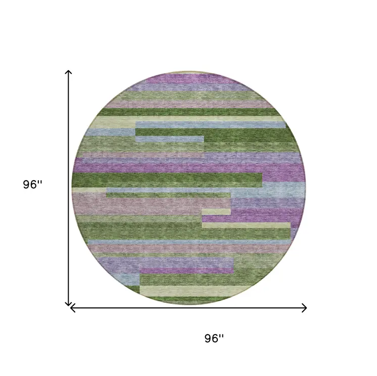8' Moss Green Olive Green And Purple Round Striped Washable Indoor Outdoor Area Rug