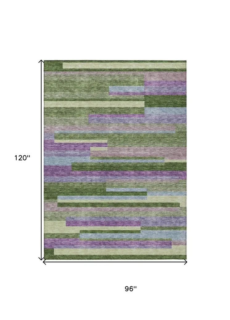 8' X 10' Moss Green Olive Green And Purple Striped Washable Indoor Outdoor Area Rug