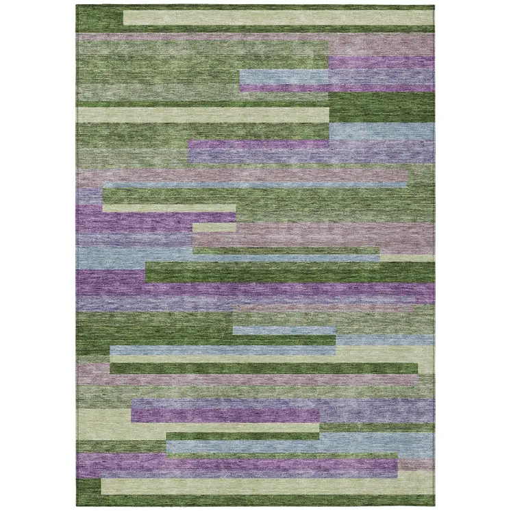 9' X 12' Moss Green Olive Green And Purple Striped Washable Indoor Outdoor Area Rug
