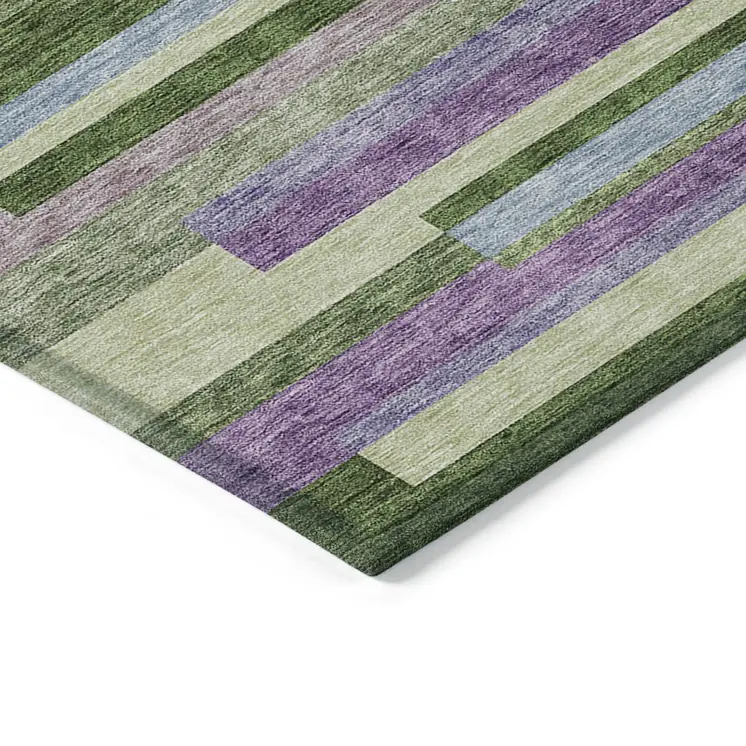9' X 12' Moss Green Olive Green And Purple Striped Washable Indoor Outdoor Area Rug