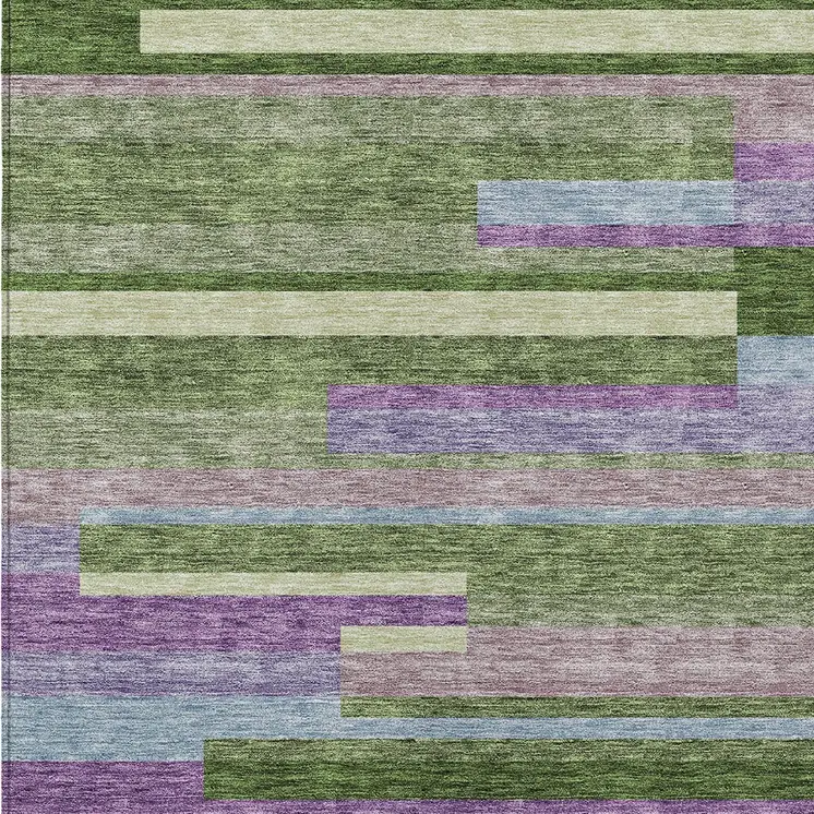 9' X 12' Moss Green Olive Green And Purple Striped Washable Indoor Outdoor Area Rug