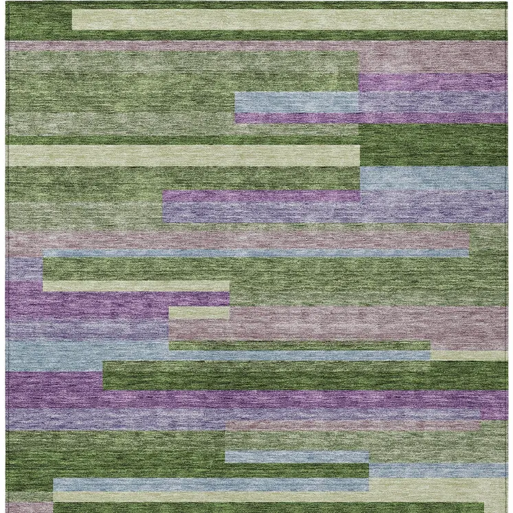 10' X 14' Moss Green Olive Green And Purple Striped Washable Indoor Outdoor Area Rug