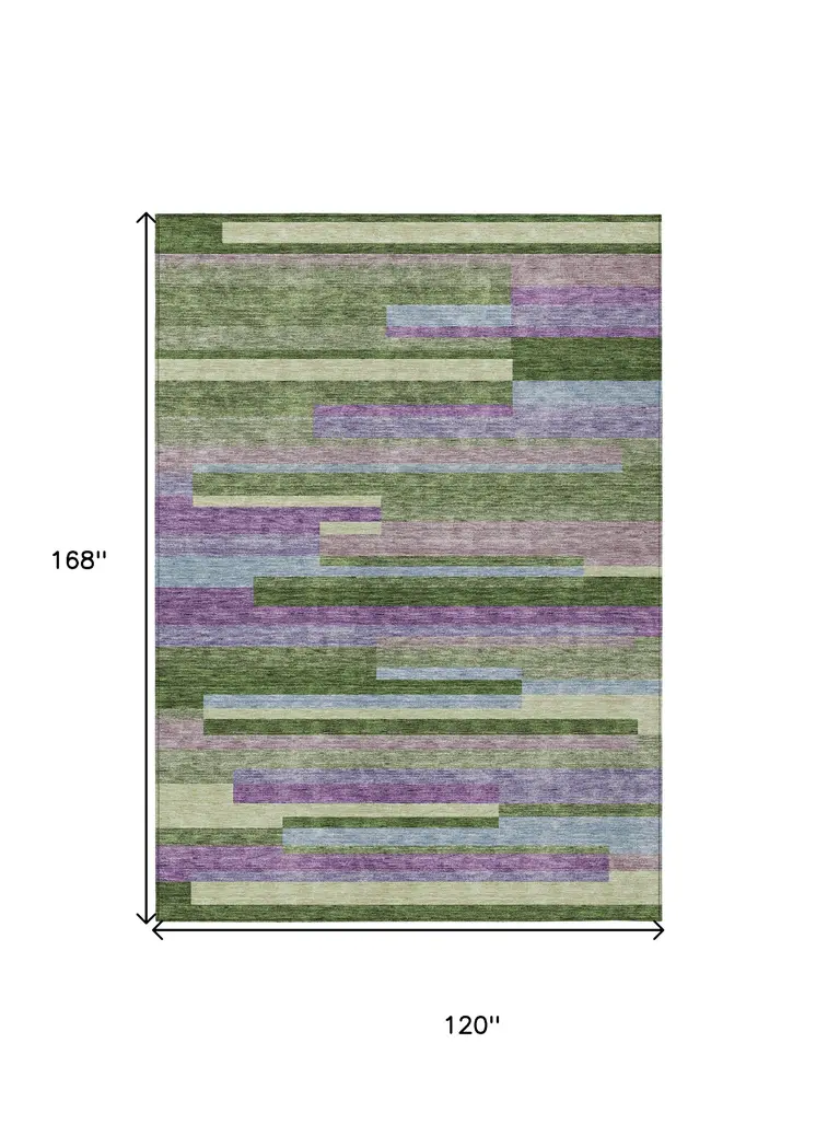 10' X 14' Moss Green Olive Green And Purple Striped Washable Indoor Outdoor Area Rug