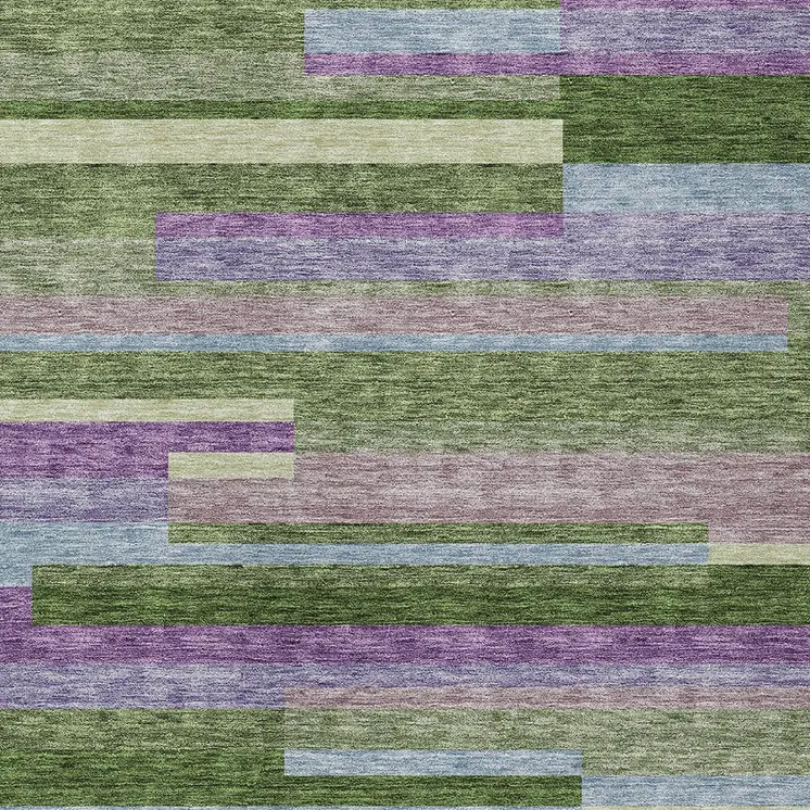 10' X 14' Moss Green Olive Green And Purple Striped Washable Indoor Outdoor Area Rug