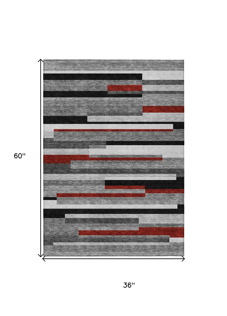 3' X 5' Gray Black And Red Striped Washable Indoor Outdoor Area Rug