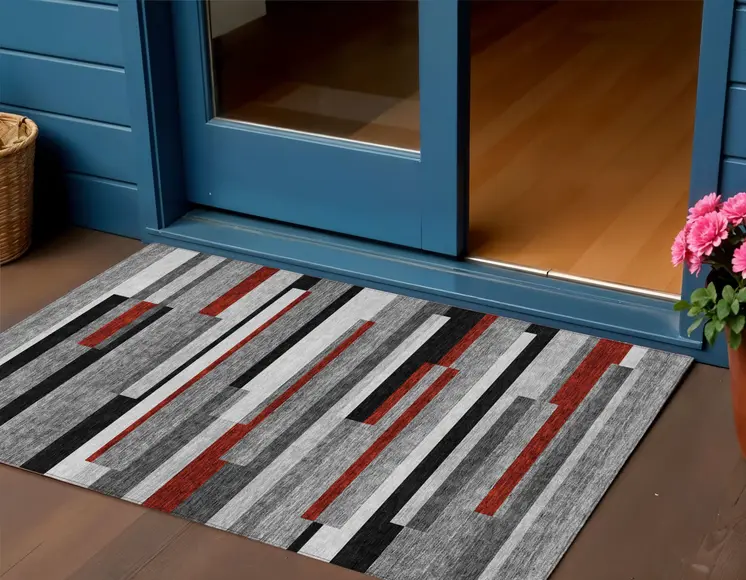3' X 5' Gray Black And Red Striped Washable Indoor Outdoor Area Rug