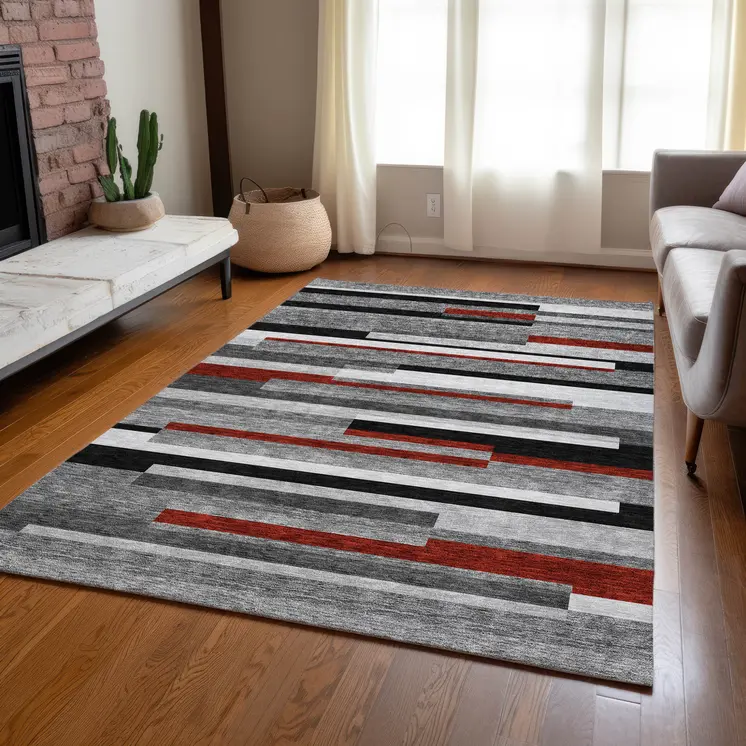 3' X 5' Gray Black And Red Striped Washable Indoor Outdoor Area Rug