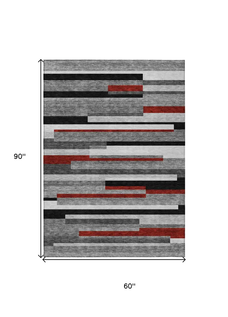 5' X 8' Gray Black And Red Striped Washable Indoor Outdoor Area Rug