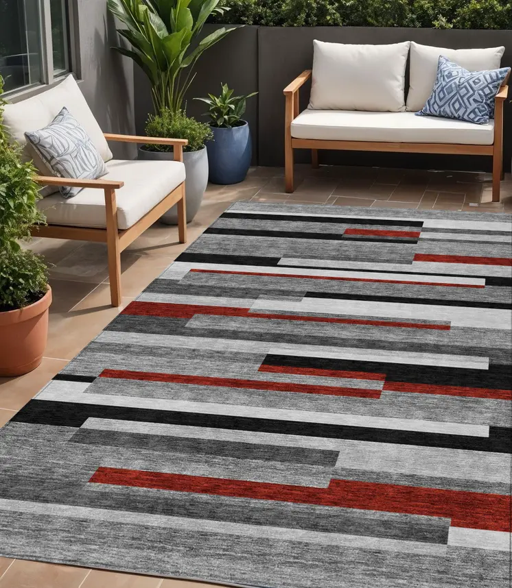 5' X 8' Gray Black And Red Striped Washable Indoor Outdoor Area Rug
