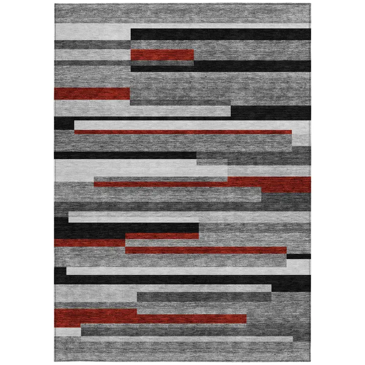 5' X 8' Gray Black And Red Striped Washable Indoor Outdoor Area Rug