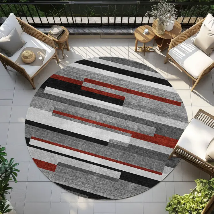 8' Gray Black And Red Round Striped Washable Indoor Outdoor Area Rug