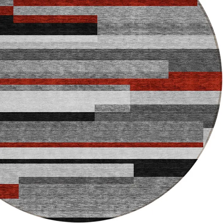 8' Gray Black And Red Round Striped Washable Indoor Outdoor Area Rug