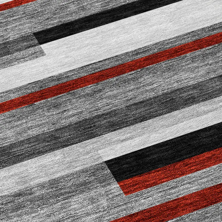 8' Gray Black And Red Round Striped Washable Indoor Outdoor Area Rug
