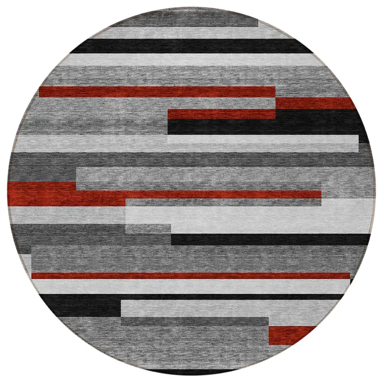 8' Gray Black And Red Round Striped Washable Indoor Outdoor Area Rug