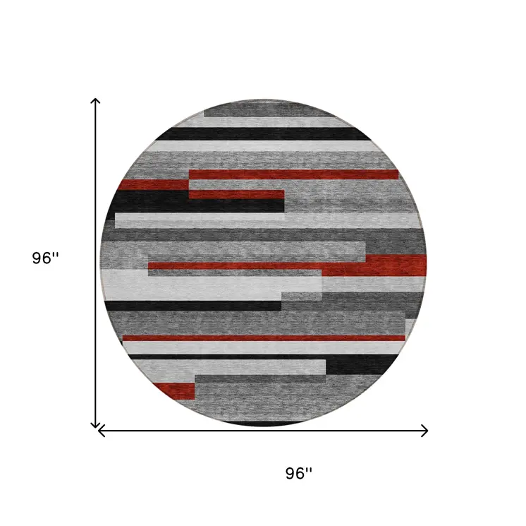 8' Gray Black And Red Round Striped Washable Indoor Outdoor Area Rug