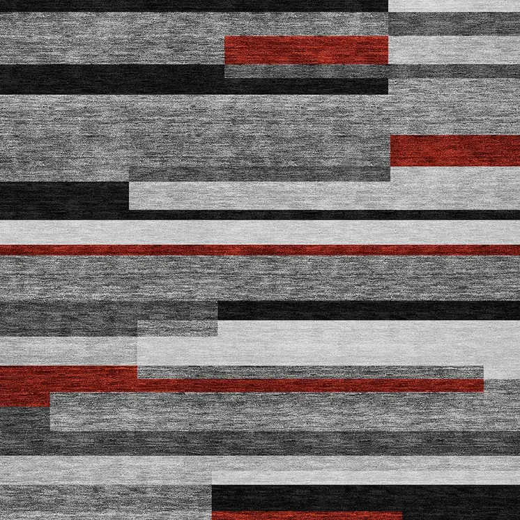 8' X 10' Gray Black And Red Striped Washable Indoor Outdoor Area Rug