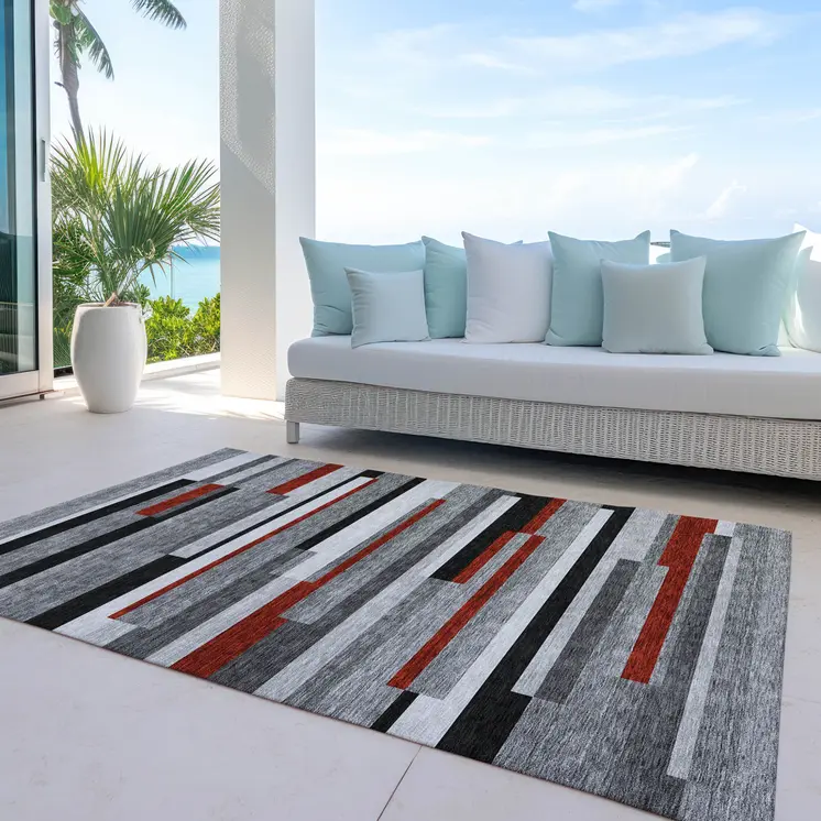 10' X 14' Gray Black And Red Striped Washable Indoor Outdoor Area Rug