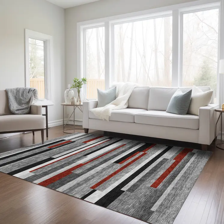 10' X 14' Gray Black And Red Striped Washable Indoor Outdoor Area Rug