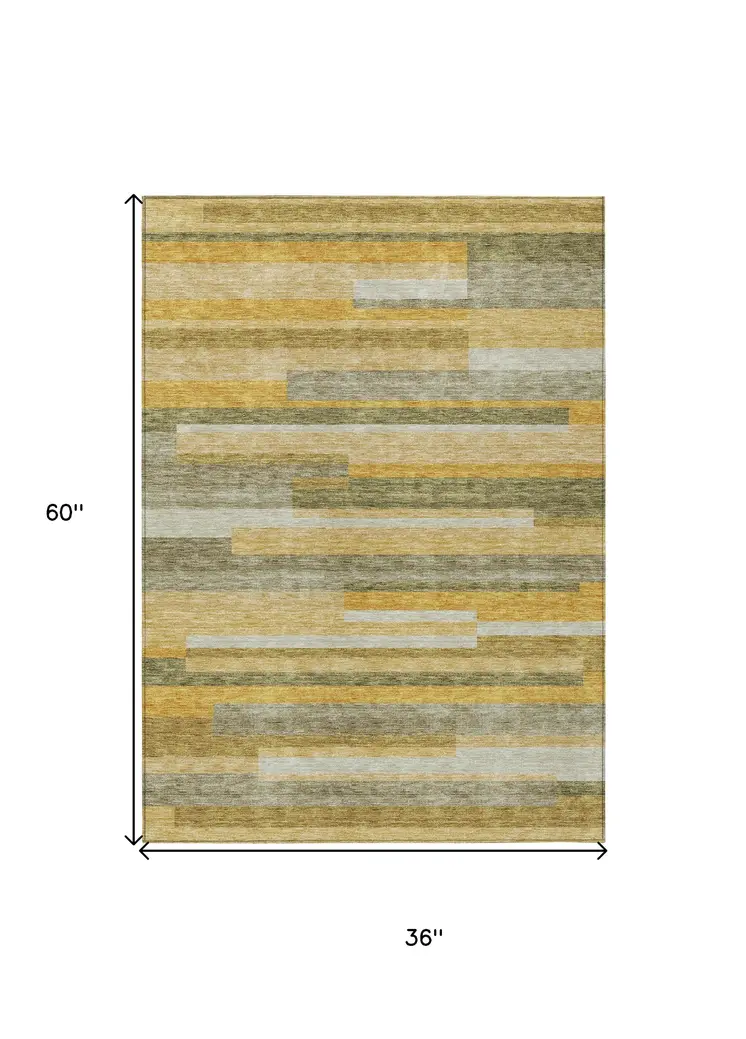 3' X 5' Gold Wheat And Ivory Striped Washable Indoor Outdoor Area Rug