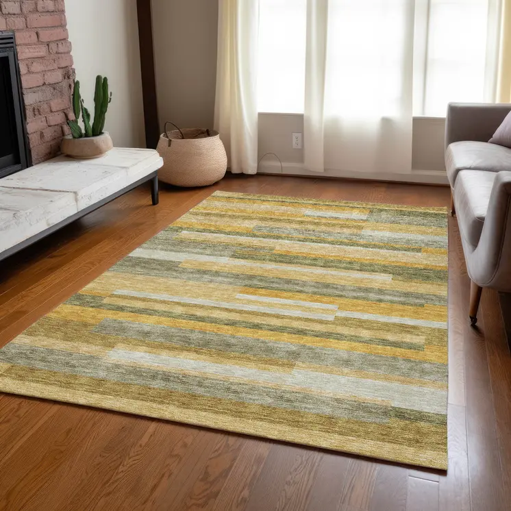 3' X 5' Gold Wheat And Ivory Striped Washable Indoor Outdoor Area Rug