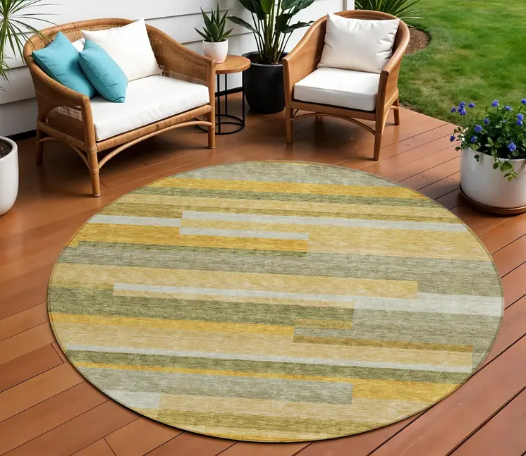 8' Gold Wheat And Ivory Round Striped Washable Indoor Outdoor Area Rug