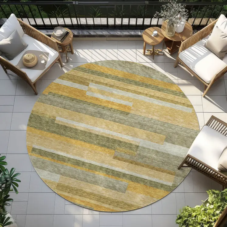 8' Gold Wheat And Ivory Round Striped Washable Indoor Outdoor Area Rug