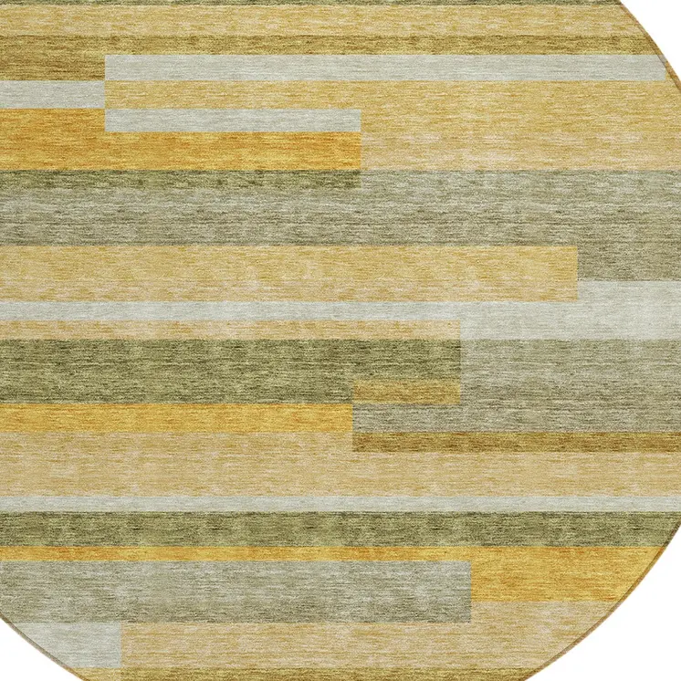 8' Gold Wheat And Ivory Round Striped Washable Indoor Outdoor Area Rug
